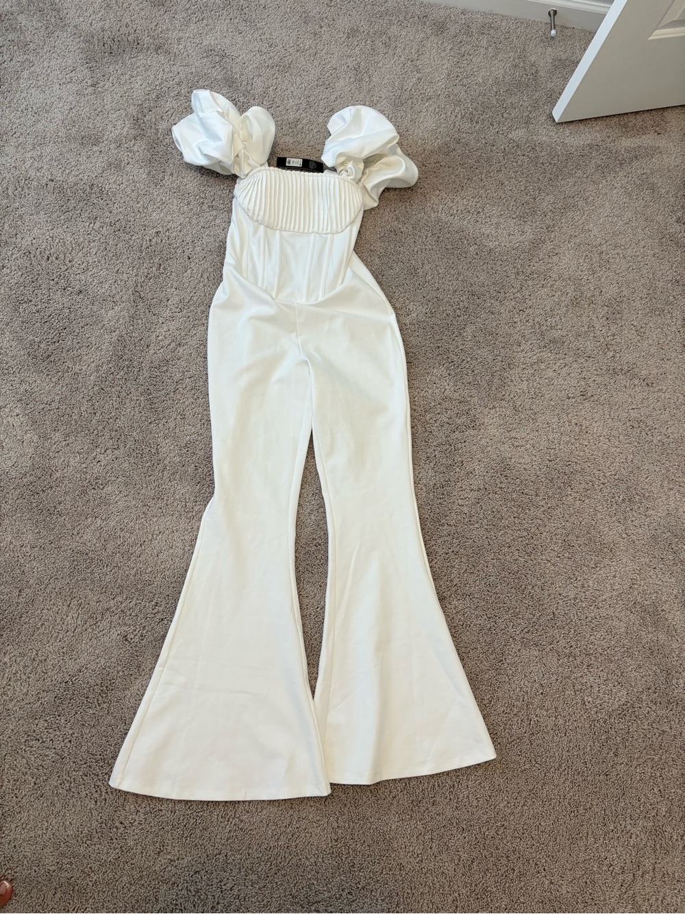 Fashion Nova White Puff Sleeve Flare Jumpsuit
